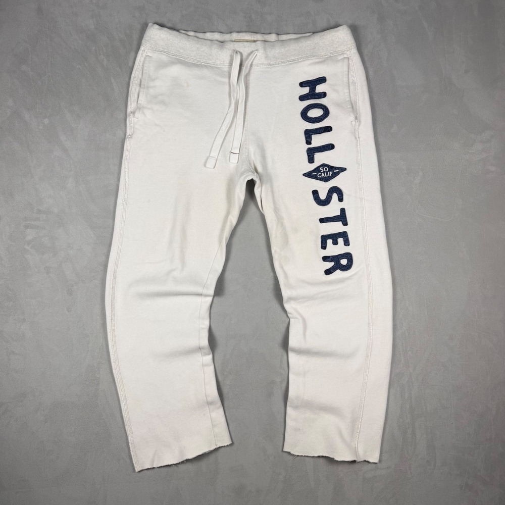 Y2K Womens Hollister Logo Applique Raw Hem Sweatpants Cream Large